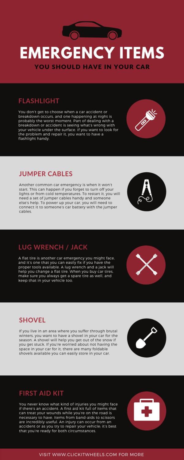 12 Emergency Items You Should Have in Your Car infographic